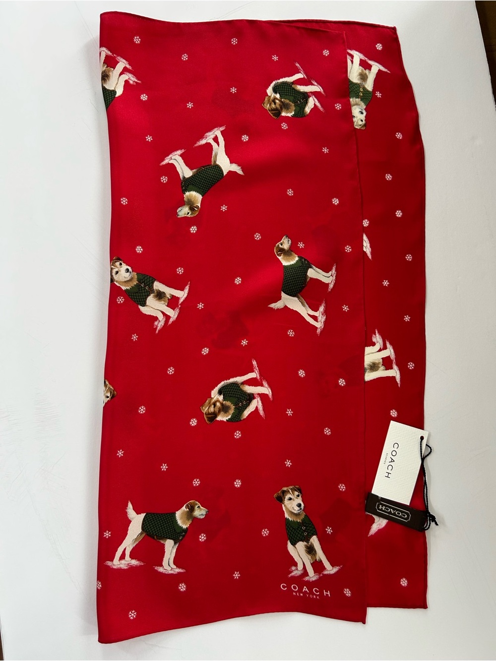 Coach Red Silk Scarf with Dog Motif